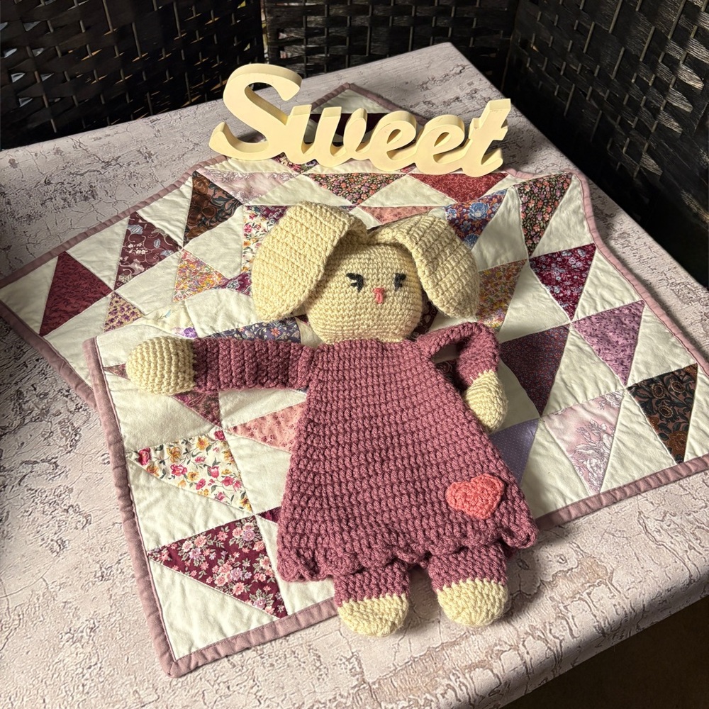 Baby Quilt, Handmade, with Hand-Crocheted Bunny Lovey